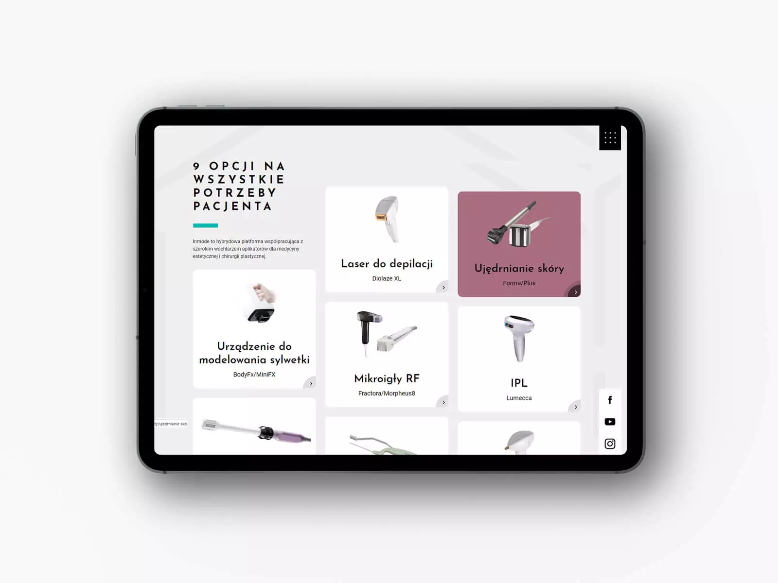 Inmode - projekt strony internetowej dla dostawcy rozwiązań z zakresu medycyny estetycznej - wizualizacja na tablecie RWD