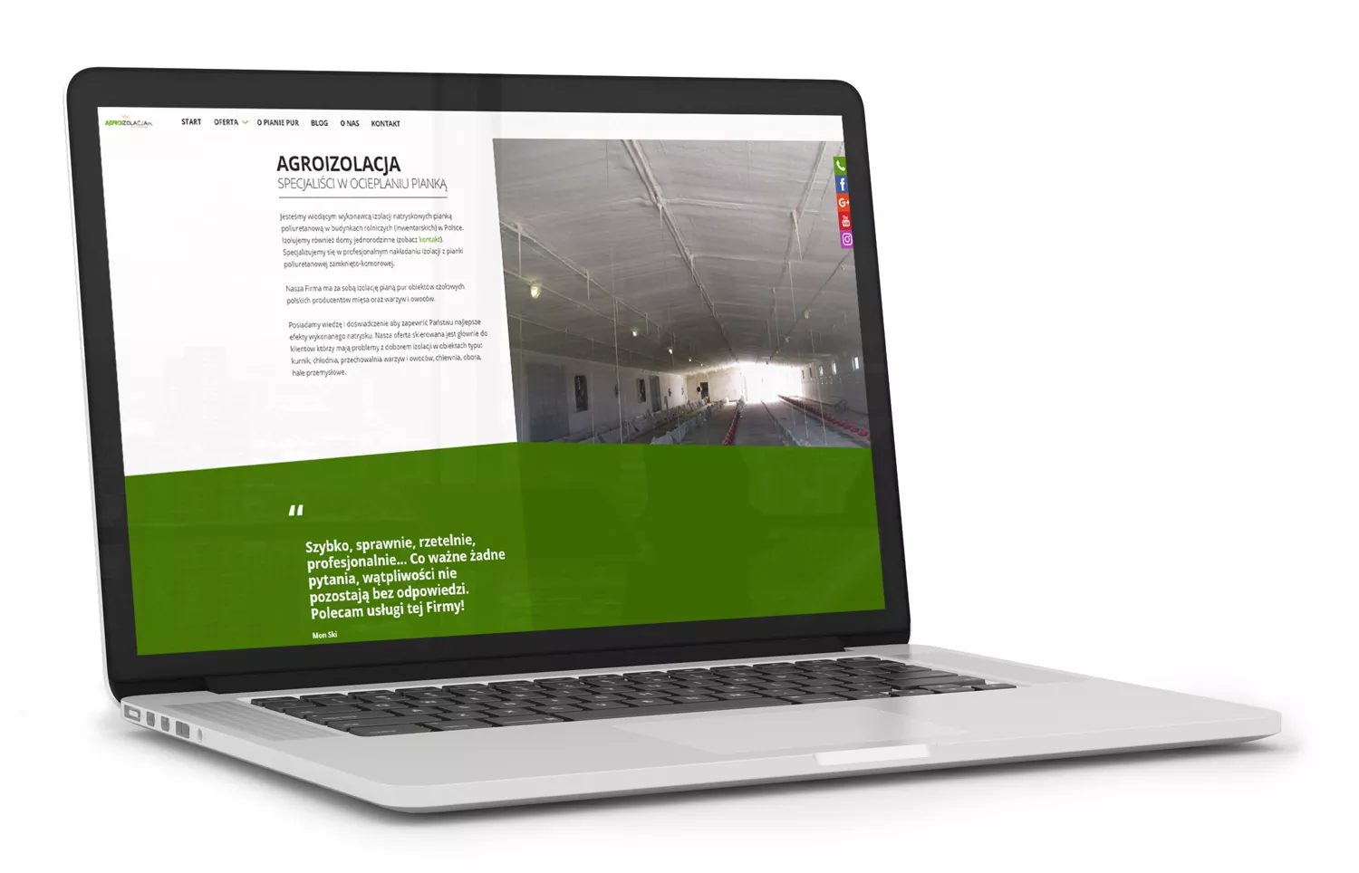 Agroizolacja - projekt strony internetowej izolacja pianką hal i pomieszczeń gospodarczych wizualizacja na laptopie