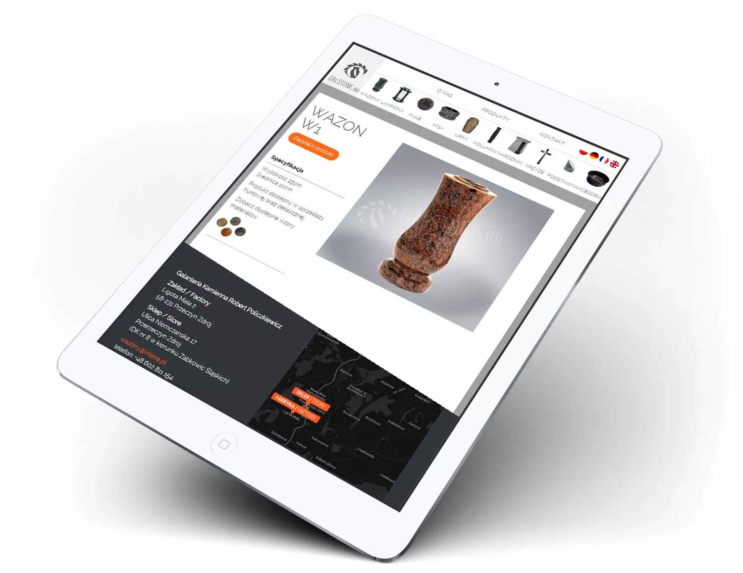 Galstone - projekt strony internetowej dla producenta wyrobów kamiennych: mis, wazonów - widok responsywnego projektu na tablecie RWD