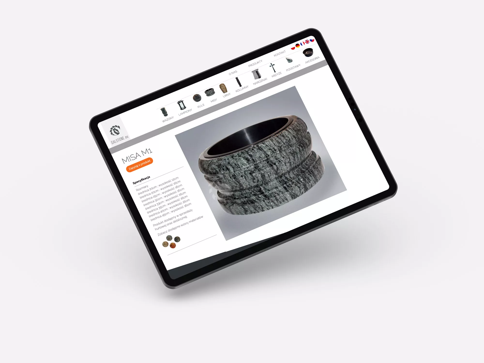 Galstone - projekt strony internetowej dla producenta wyrobów kamiennych: mis, wazonów widok podstrony produktu