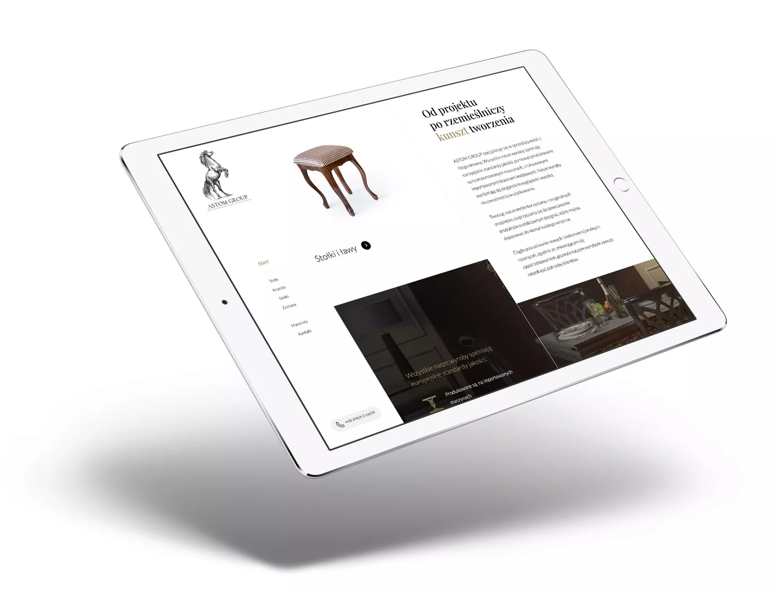 Astom Group - projekt graficzny strony internetowej dla producenta ekskluzywnych stylowych mebli z litego drewna wizualizacja strony na tablecie
