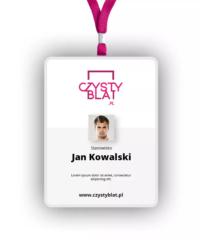 Czystyblat.pl - identyfikacja wizualna, projekt i wizualizacja logo na identyfikatorze.