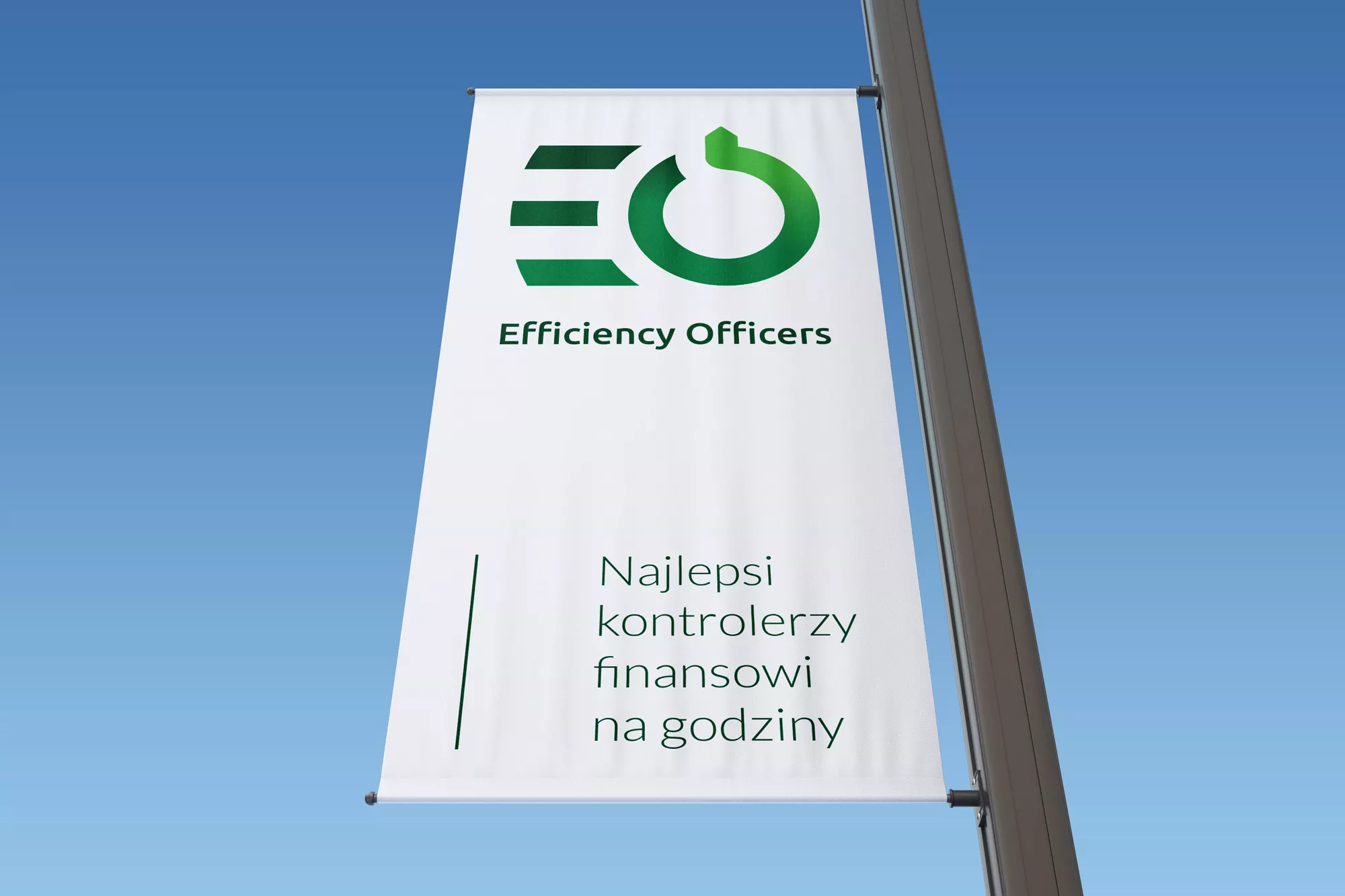 Efficiency Officers identyfikacja wizualna - projekt logo, wizualizacja na fladze
