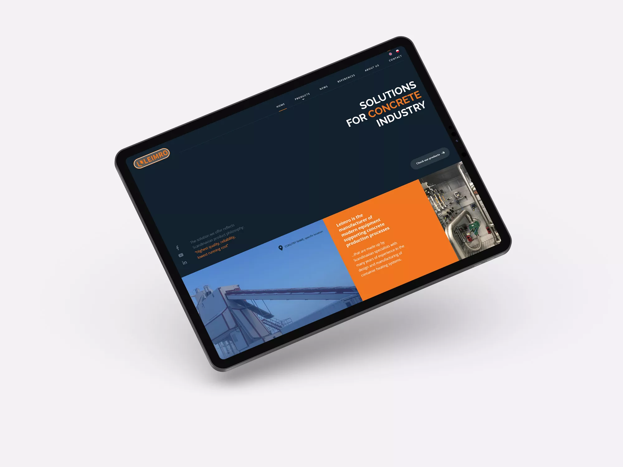 Leimro - projekt strony internetowej z rozwiązaniami dla przemysłu betoniarskiego, wizualizacja na tablecie