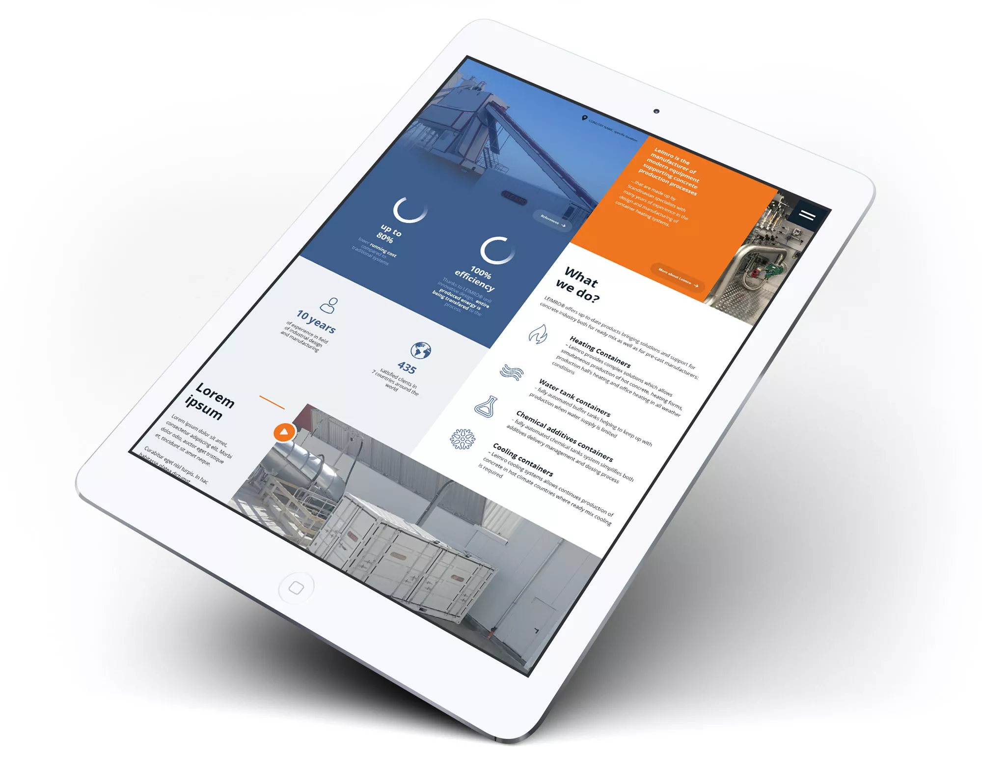 Leimro - projekt strony internetowej z rozwiązaniami dla przemysłu betoniarskiego, wizualizacja na ipadzie