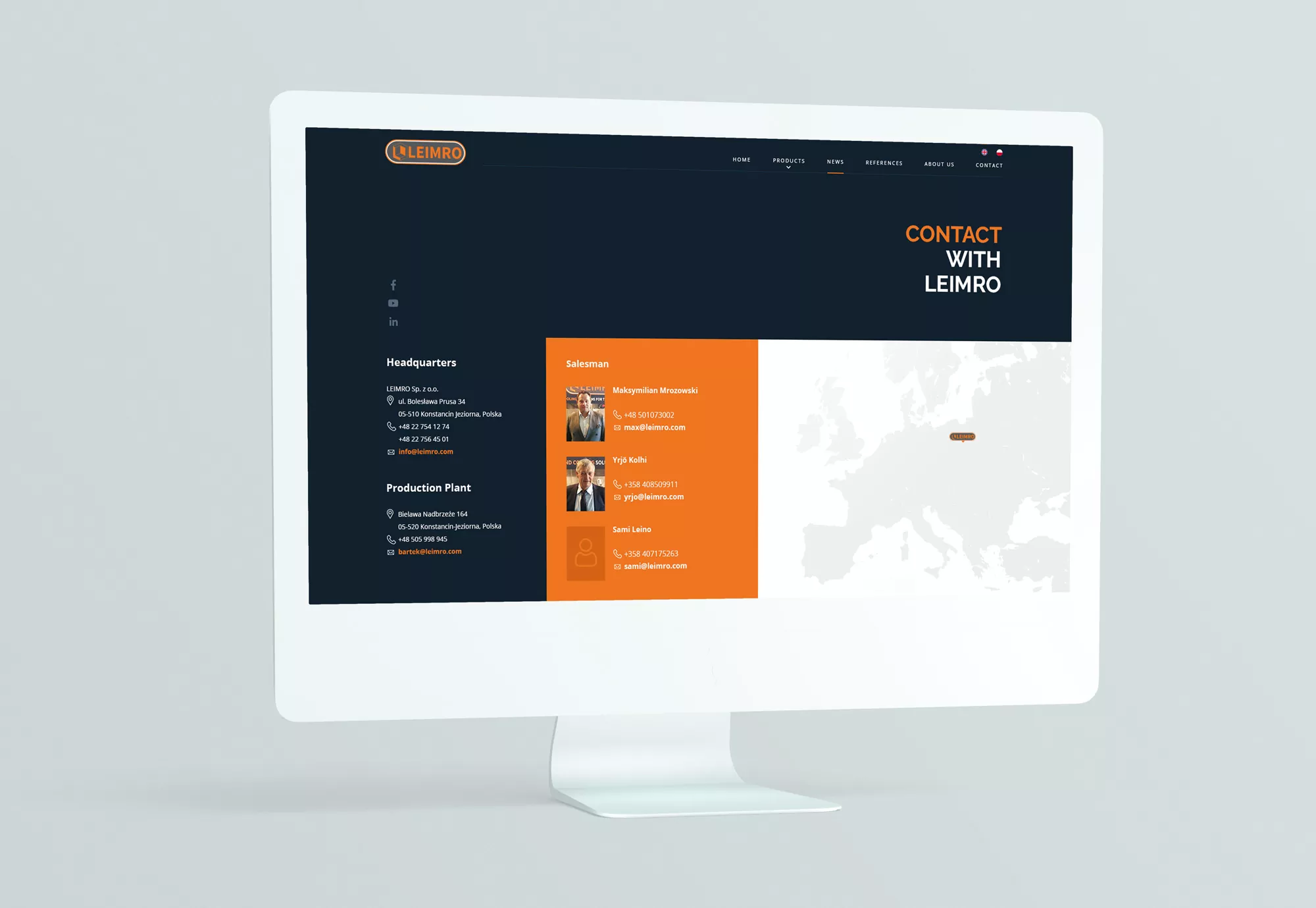 Leimro - projekt strony internetowej z rozwiązaniami dla przemysłu betoniarskiego, wizualizacja podstrony kontaktu