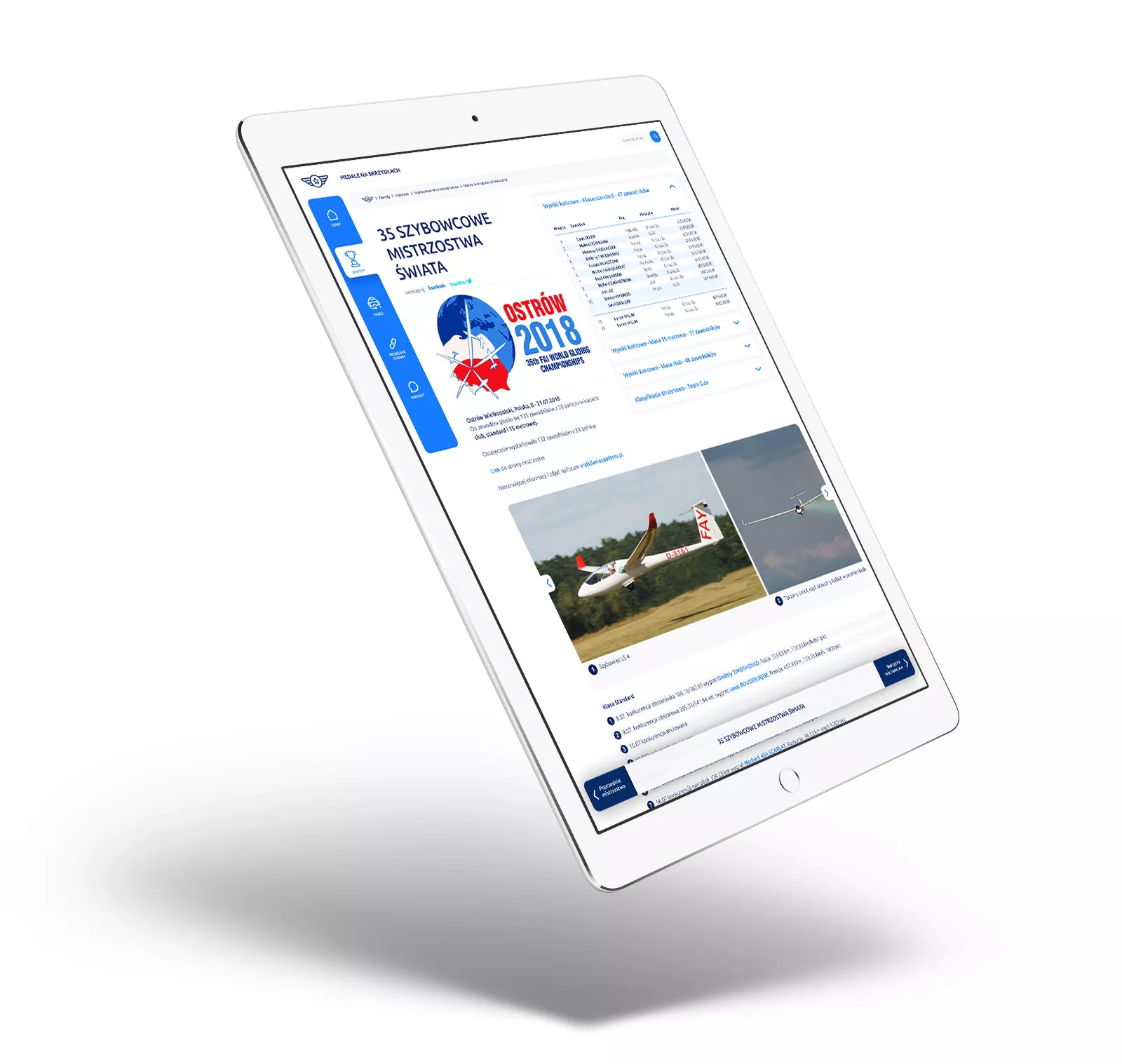 Medale na skrzydłach - projekt graficzny serwisu informacyjnego poświęconego historii zwodów lotniczych, wizualizacja na tablecie podstrony zawodów