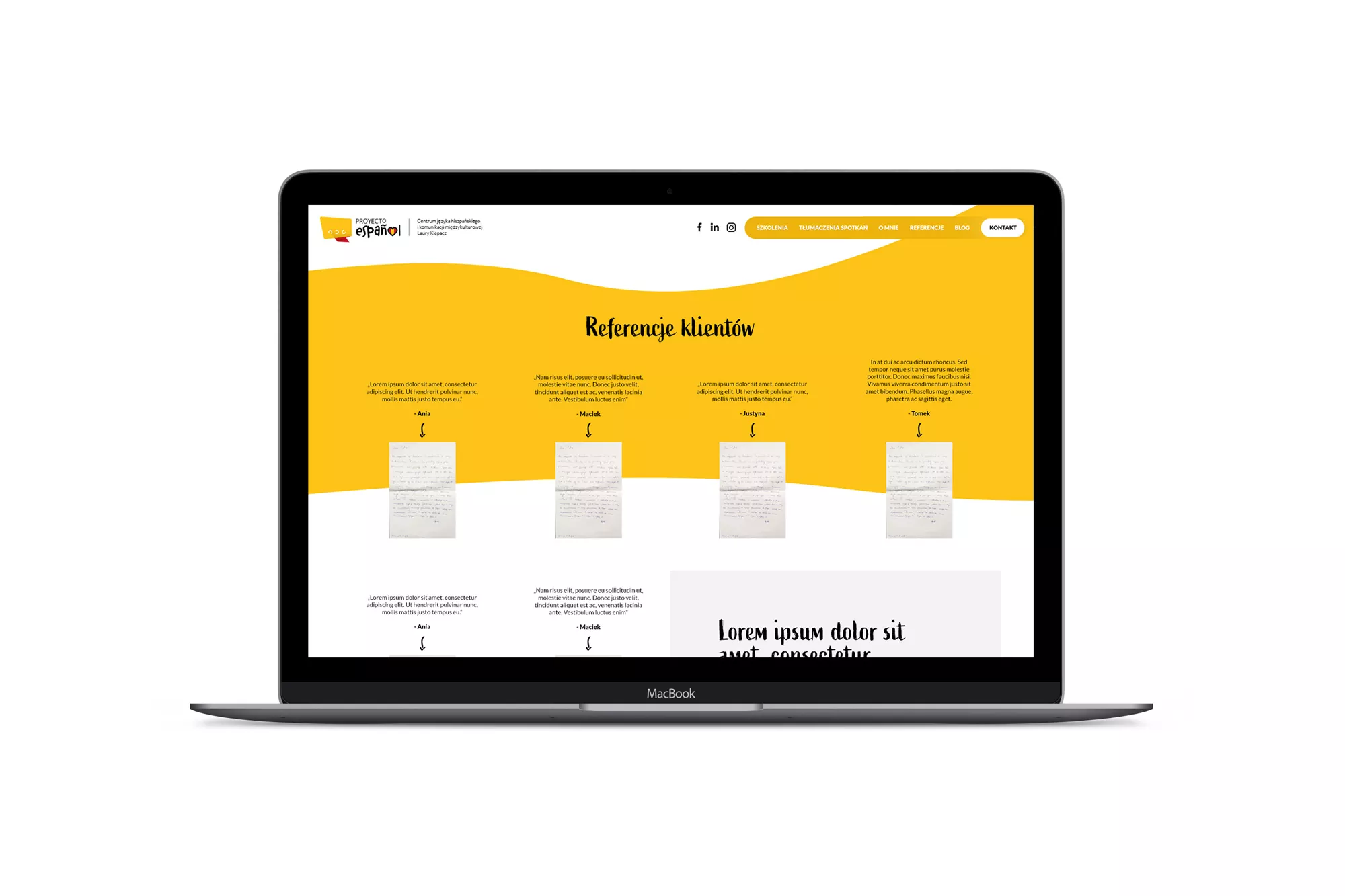 Proyecto Espanol Laura Klepacz - projekt graficzny strony internetowej z kursami języka hiszpańskiego online, wizualizacja referencji