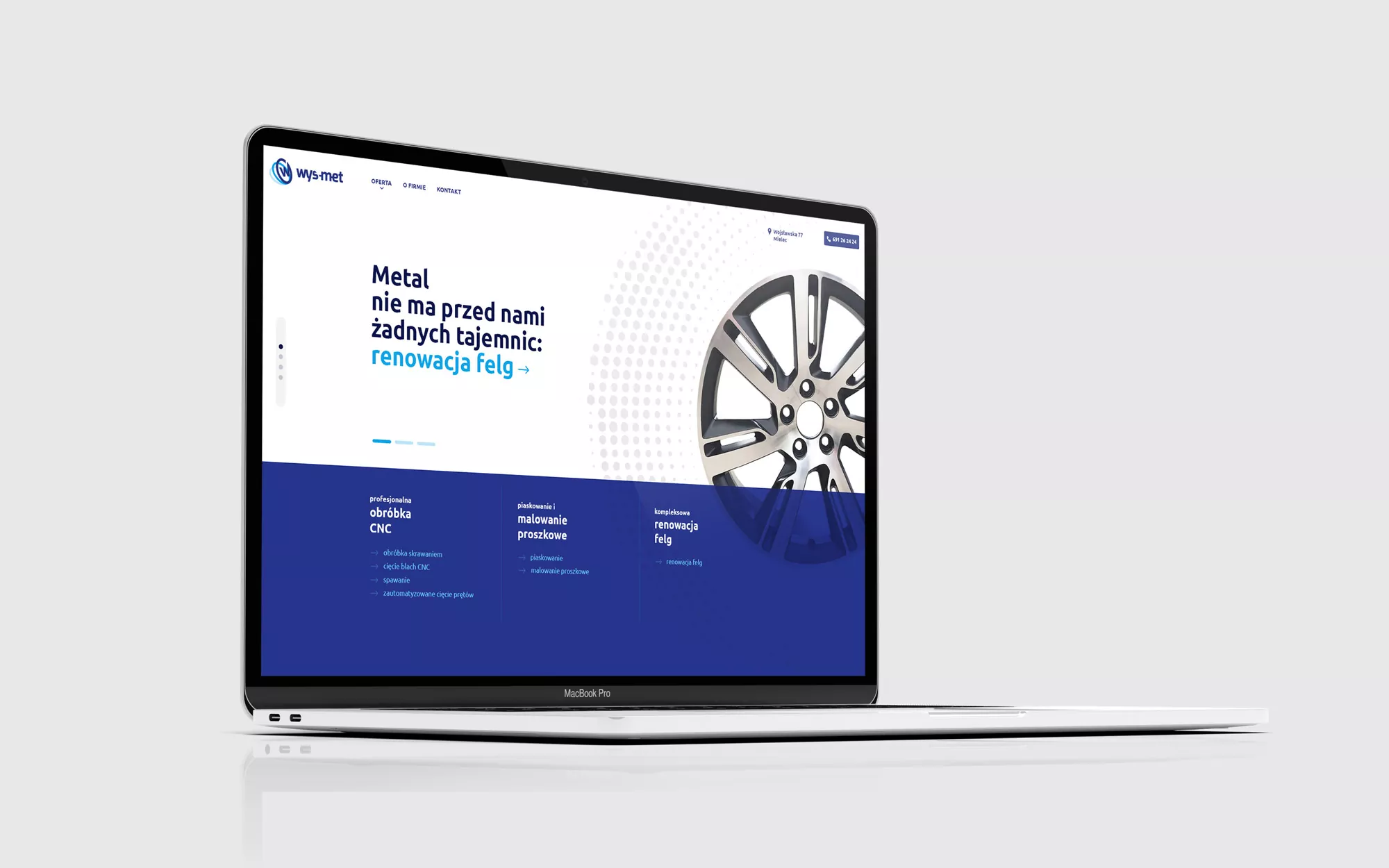 Wys-Met - projekt graficzny strony internetowej firmy zajmującej się renowacją felg i obróbką metal wizualizacja strony głównej