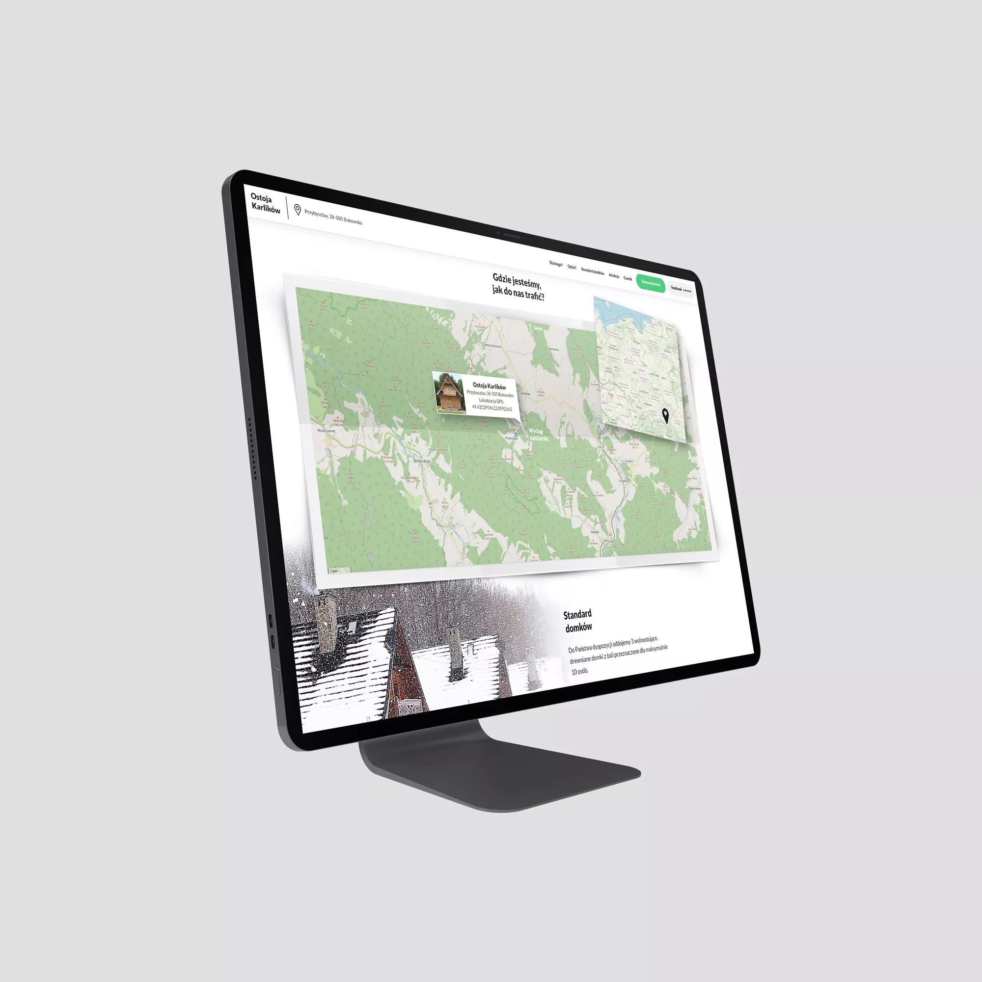 Ostoja Karlików - noclegi turystyczne Bieszczady - projekt unikalnej strony internetowej - wizualizacja sekcji z mapą