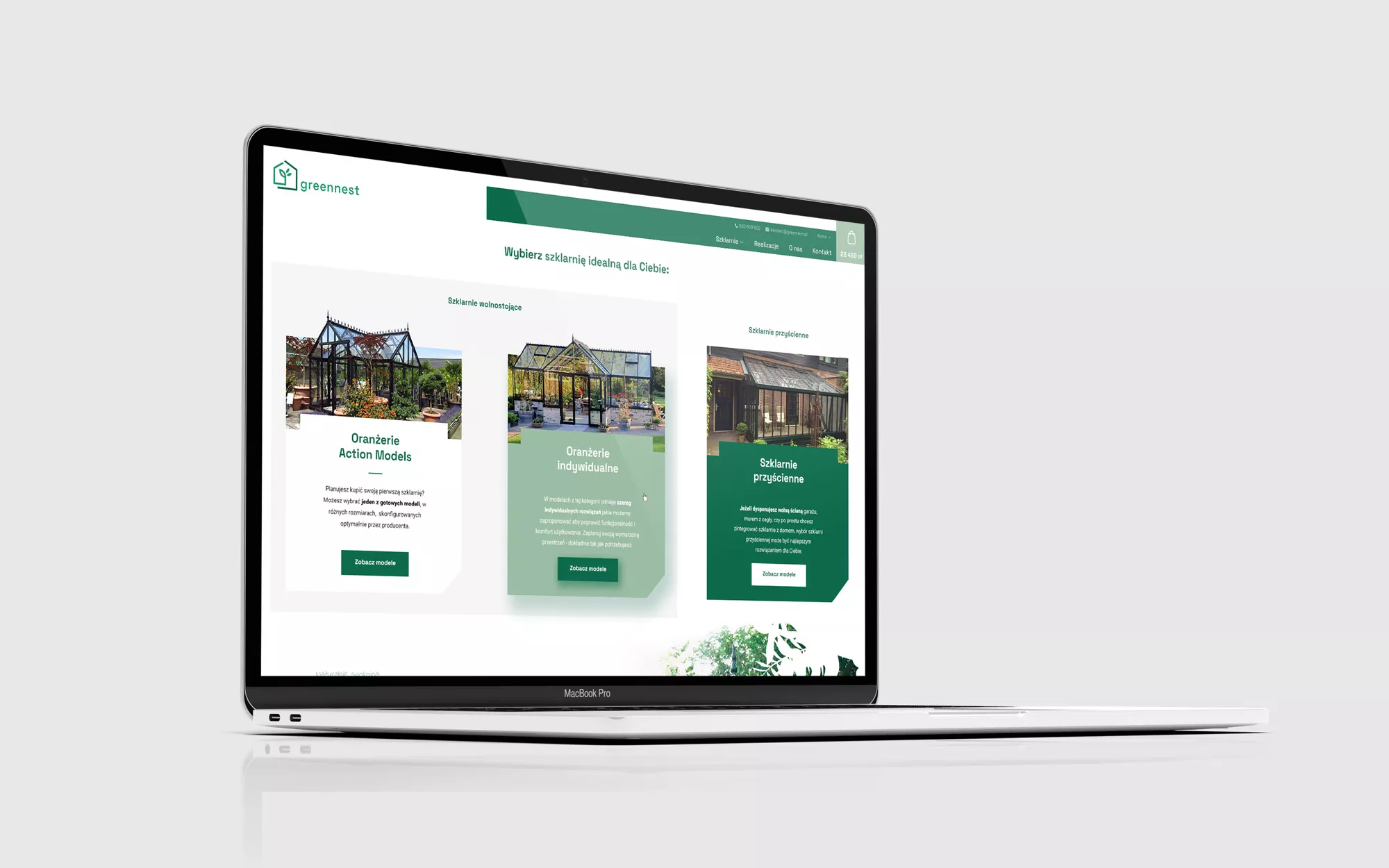 Greennest - projekt strony internetowej - stylowe szklarnie ogrodowe - wizualizacja projektu na tablecie - widok oferty