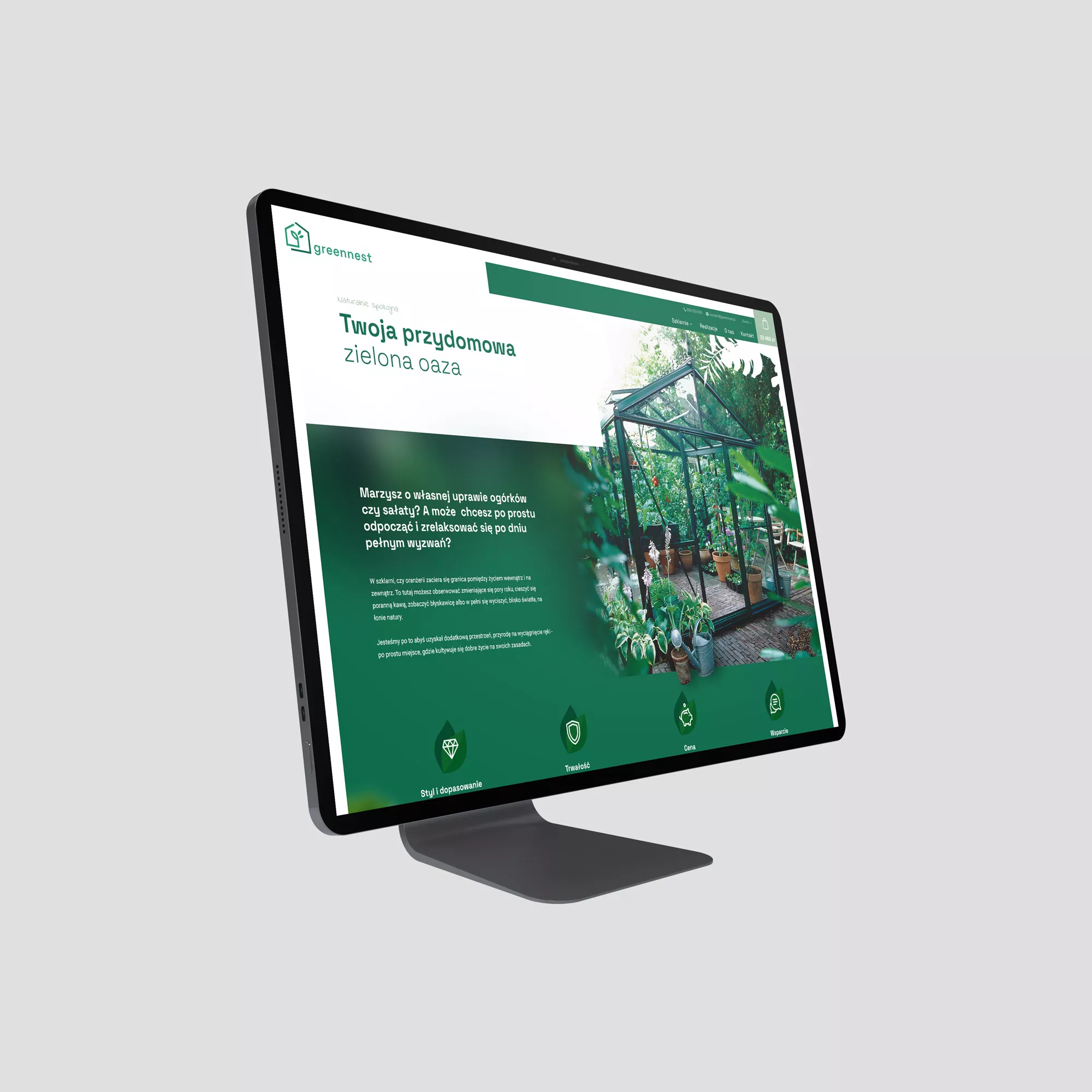 Greennest - projekt strony internetowej - stylowe szklarnie ogrodowe - wizualizacja projektu sekcji o firmie