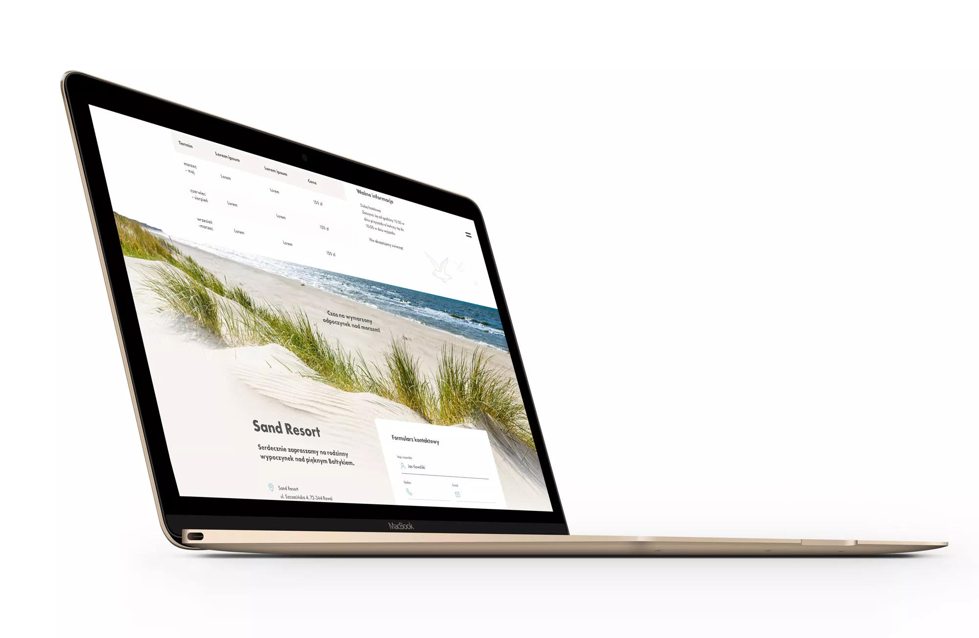Sand Resort - strona internetowa, projekt dla apartamentów w Rewalu nad Bałtykiem widok na laptopie