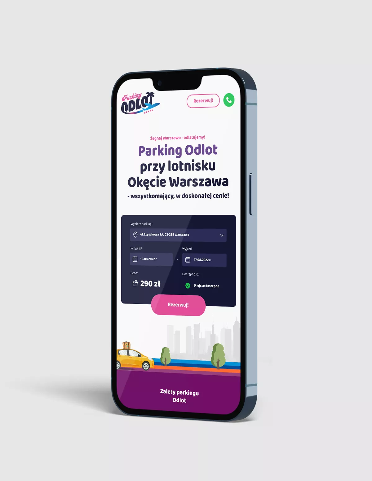 Parking Odlot - projekt strony internetowej dla parkingu Okęcie w Warszawie, wizualizacja na telefonie RWD