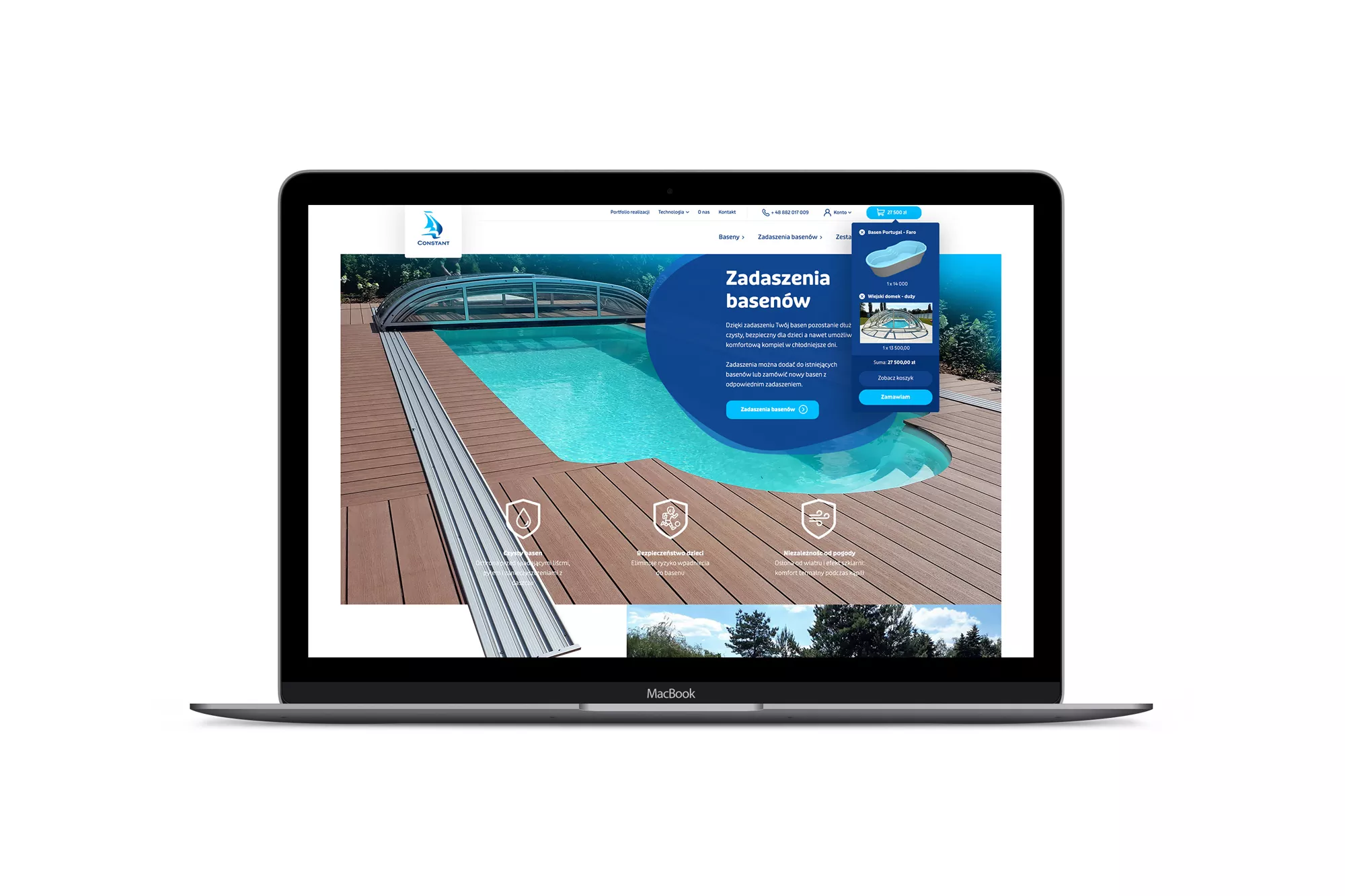 Constant Baseny - projekt sklepu internetowego dla producenta niecek basenowych - wizualizacja na laptopie