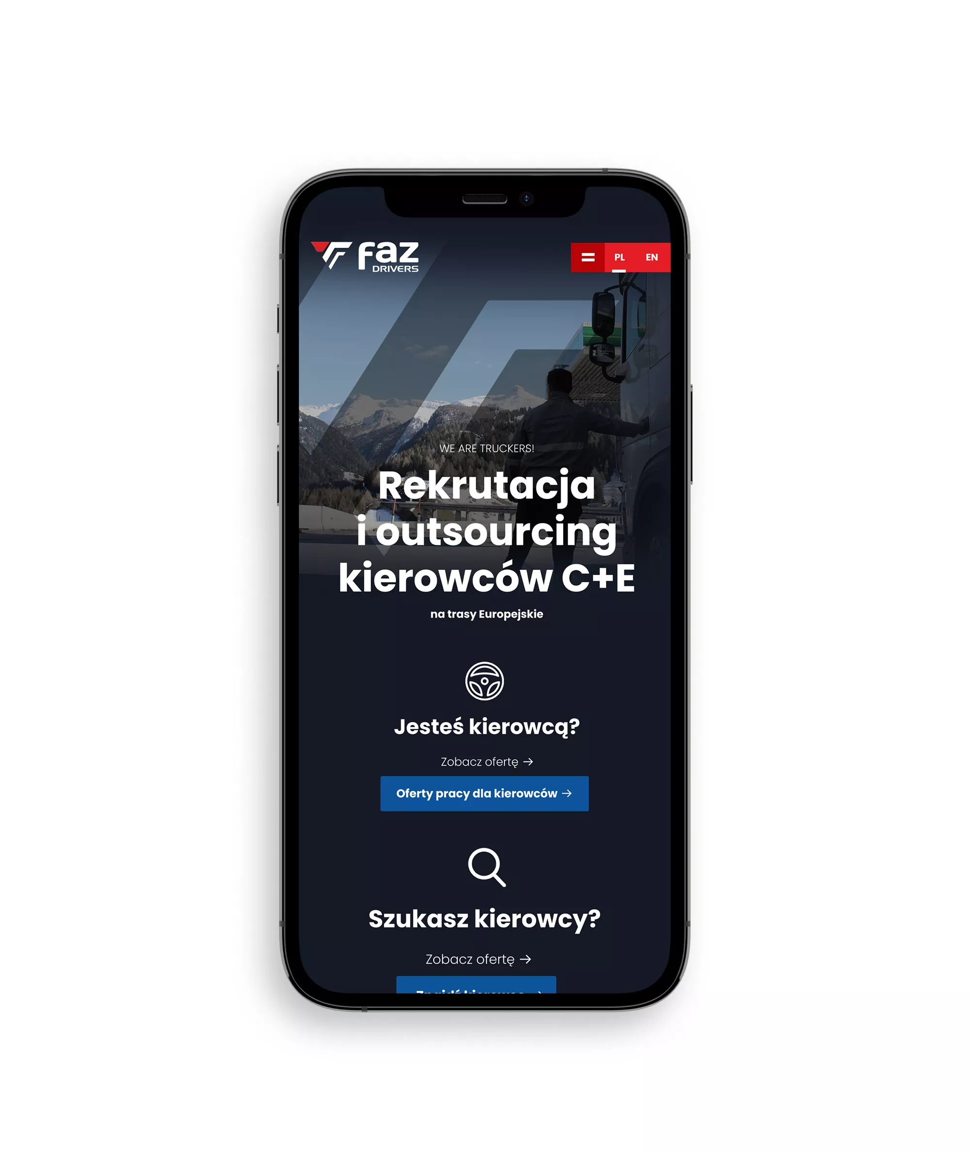 FAZ Drivers - projekt strony internetowej serwisu pośredniczącego pracą dla kierowców ciężarowych - wizualizacja na telefonie