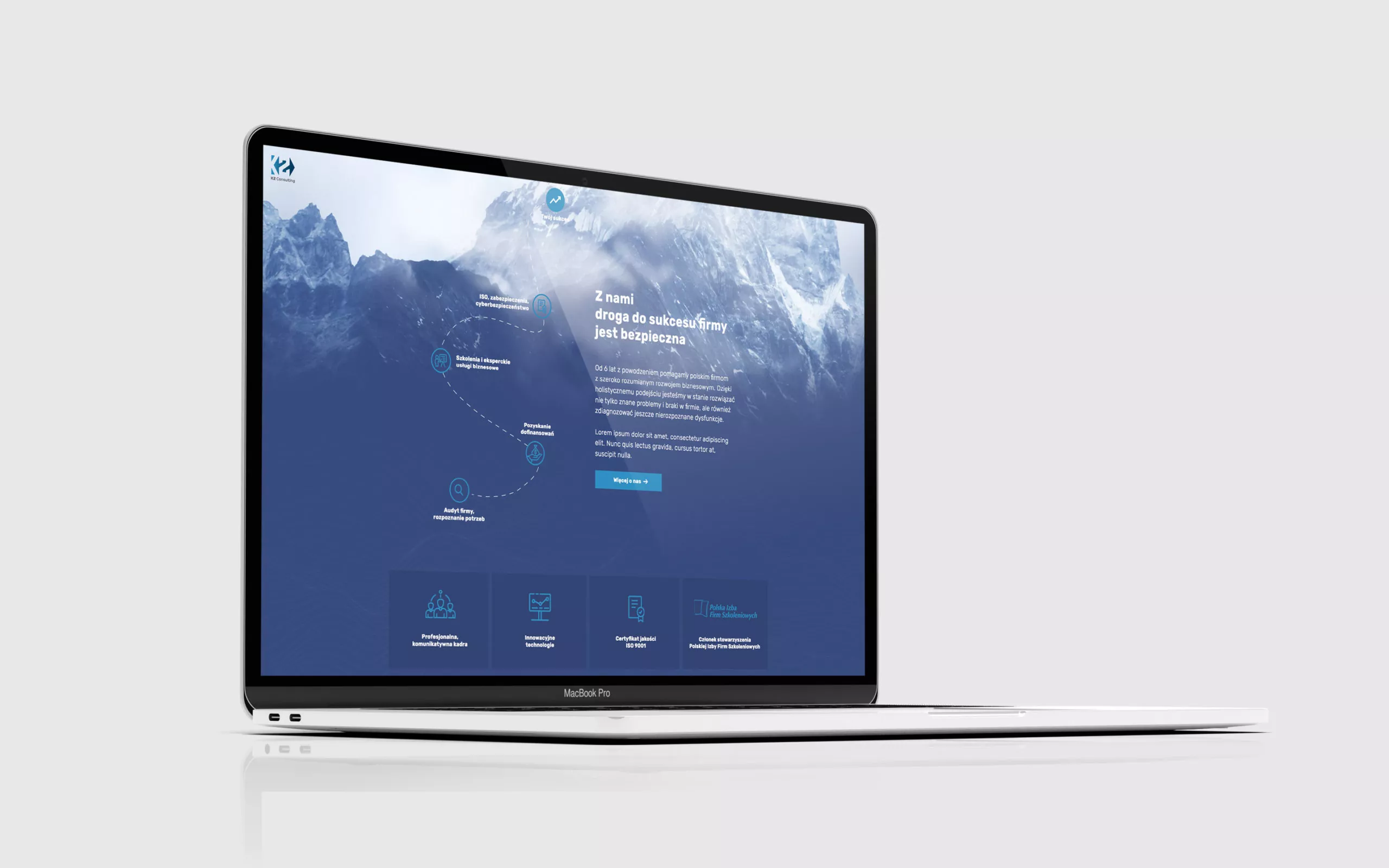 K2 Consulting - projekt strony internetowej dla firmy consultingowej widok na laptopie, mockup