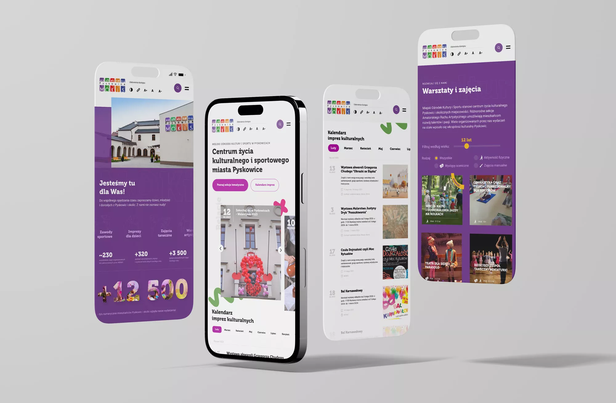 MOKiS Miejski Ośrodek Kultury i Sportu Pyskowice - projekt strony internetowej wizualizacja widoków mobilnych na mockupie telefonu