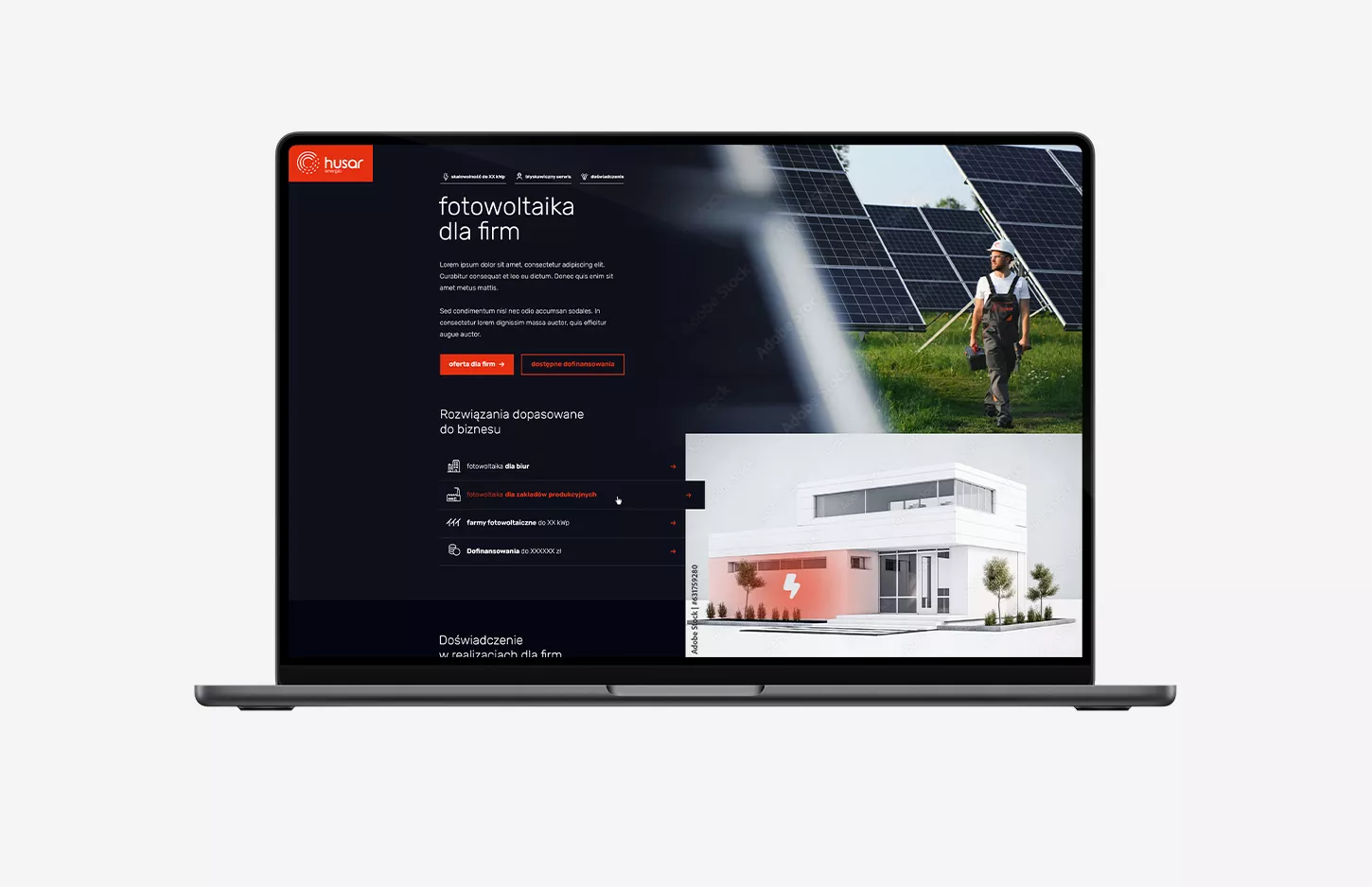 Husar Energia - projekt strony internetowej dla dostawcy rozwiązań OZE z segmentu premium - wizualizacja projektu na laptopie, mockup
