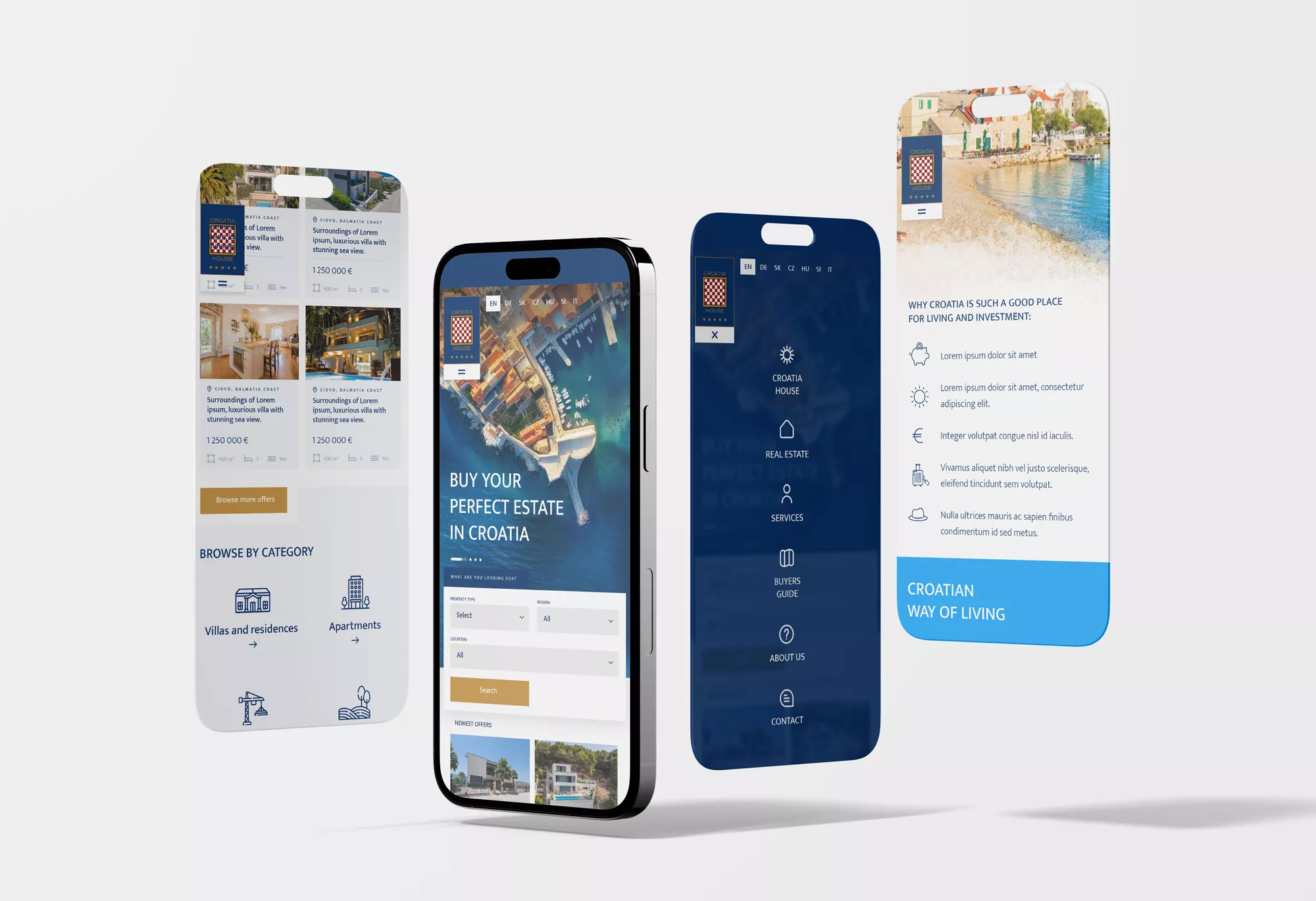 Croatia House - wizualizacja projektu strony internetowej dla pośrednia sprzedaży nieruchomości - projekt responsywnego RWD na telefonach