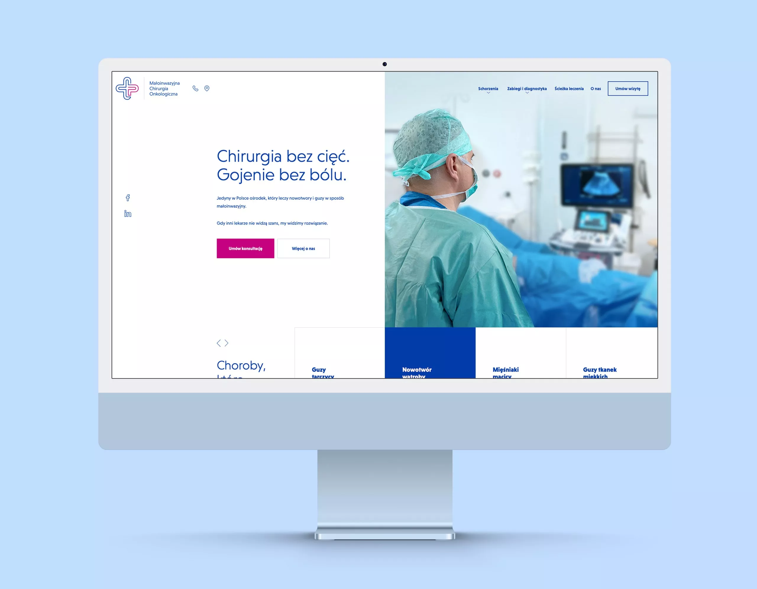 Projekt strony internetowej dla centrum chirurgii, placówki medycznej, Małoinwazyjnie.pl - wizualizacja na komputerze