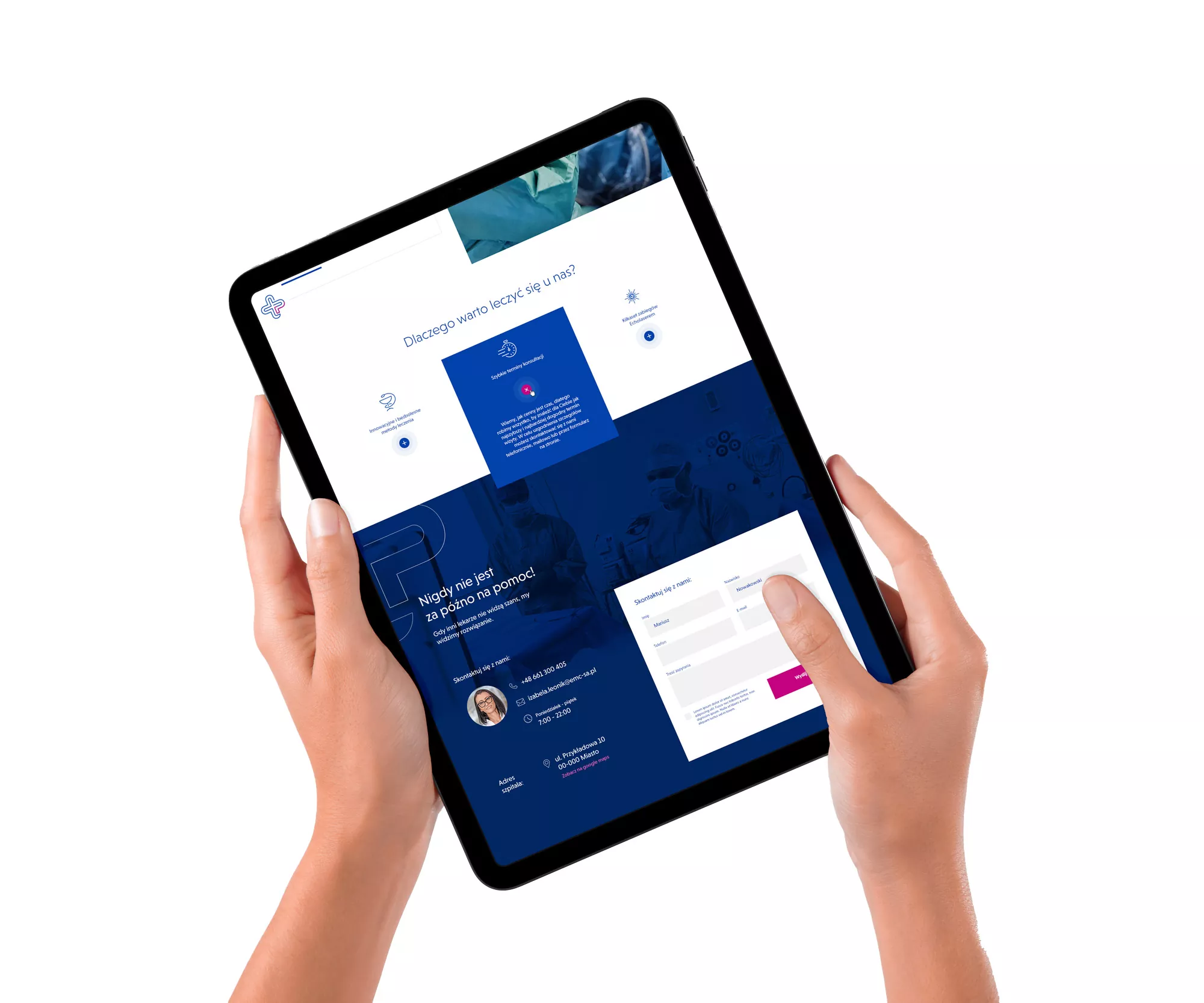 Projekt strony internetowej dla centrum chirurgii, placówki medycznej, Małoinwazyjnie.pl - wizualizacja na tablecie