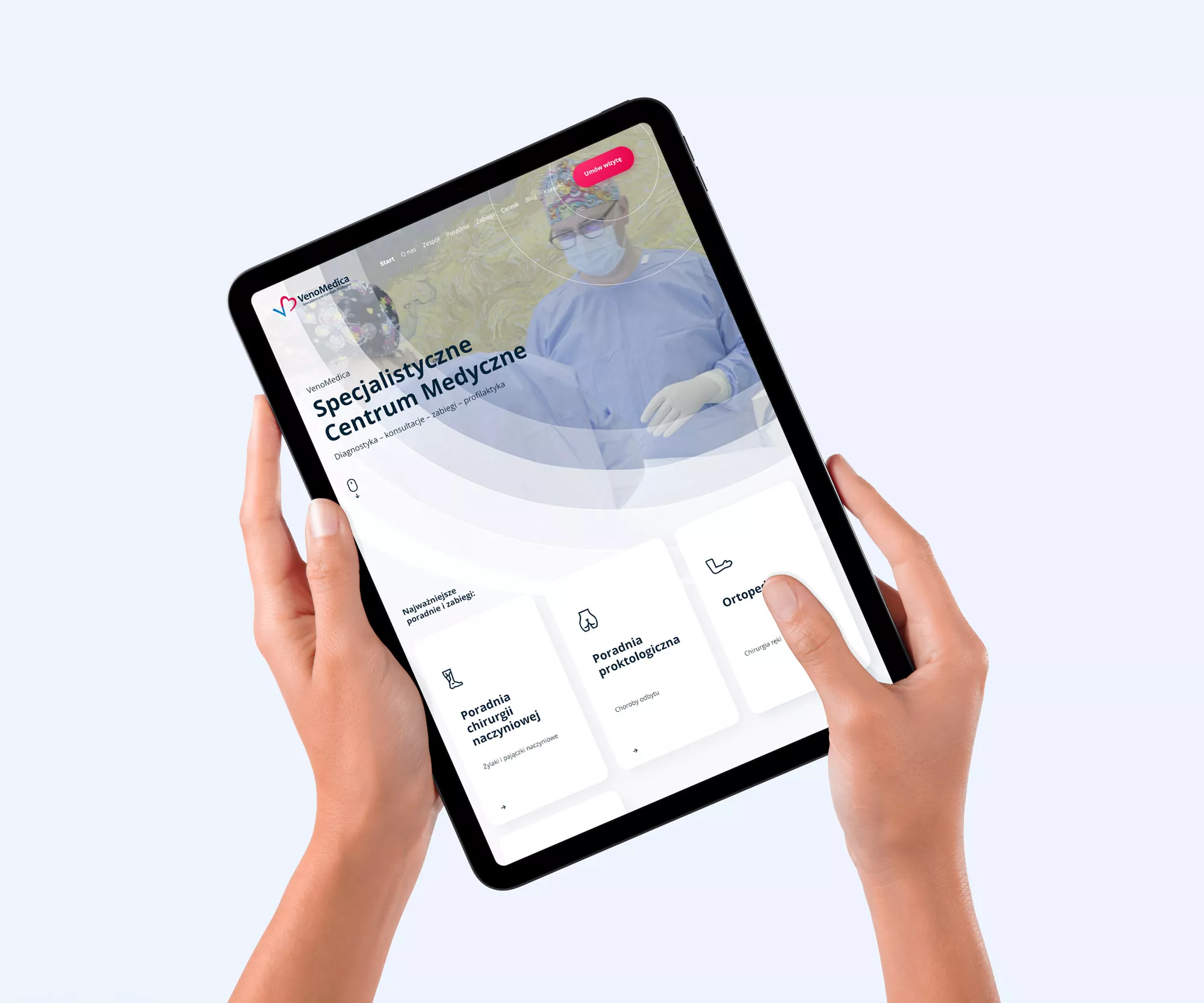 Specjalistyczne Centrum Medyczne VENOMEDICA - projekt strony internetowej, wizualizacja projektu na tablecie